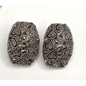 Vintage Silver-Tone Rhinestone Marcasite Clip-On Earrings With Intricate Heart P